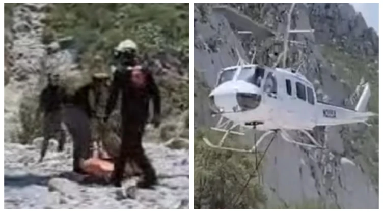 Fatal caída de más de 30 metros_ Muere joven senderista en la montaña Santa Catarina, Nuevo León. En la imagen se observa cómo rescatistas de Protección Civil de Nuevo León realizan un operativo para sacar el cuerpo de la víctima en la zona montañosa de NL.