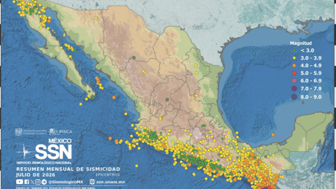 Mapa de sismicidad en julio 2026 según SMN