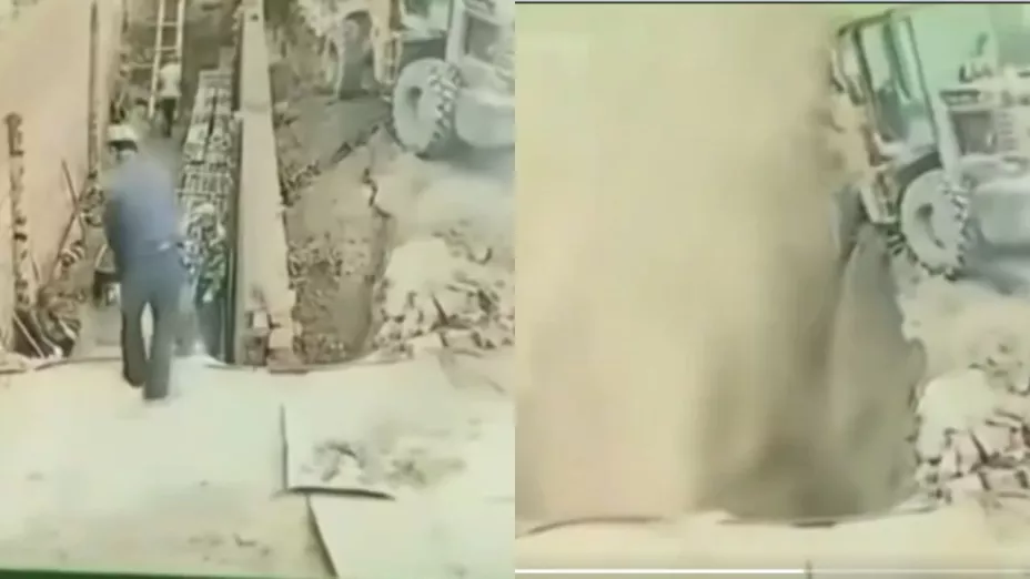 VIDEO | ¡Imágenes sensibles! Trabajadores son aplastados y enterrados vivos por un muro de contención y una maquina excavadora