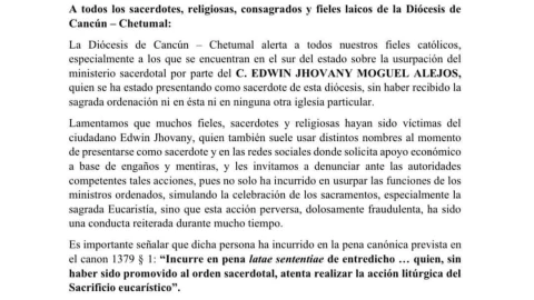 La Diócesis Cancún-Chetumal alertó a los feligreses sobre un falso sacerdote en el sur de Quintana Roo