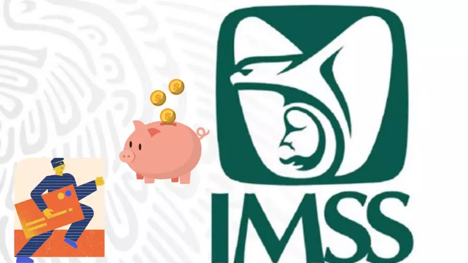 Logo del IMSS con ilustraciones de una alcancía de cerdo y una estafa virtual.