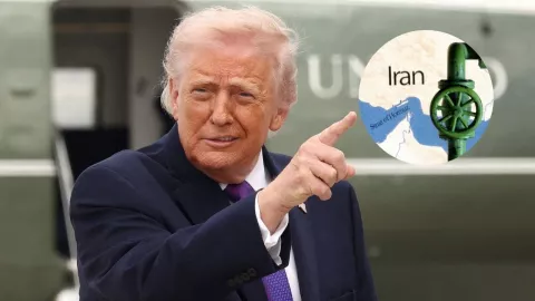Foto de Donald Trump y mapa de Irán con el estrecho de Ormuz.