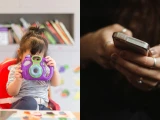 Foto de niña con juguete y de mujer soteniendo teléfono celular.