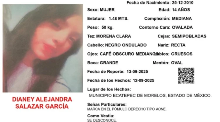 Activan Alerta Amber_ ¿Los has visto_ Es urgente, desaparencen dos menores en el Edomex. En la imagen se observa la ficha de búsqueda de Dianey Alejandra Salazar García.