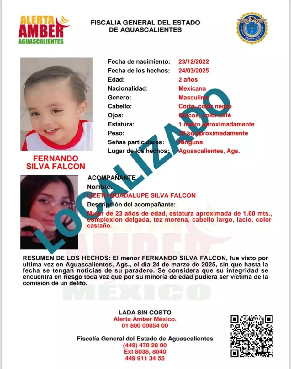 Alerta Amber Aguascalientes: Localizan a Fernando Silva Falcón de 2 años