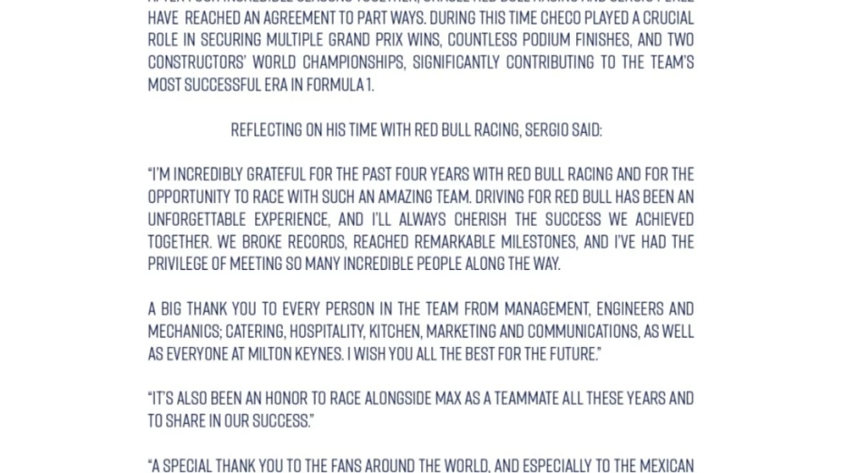 Comunicado de Checo Pérez