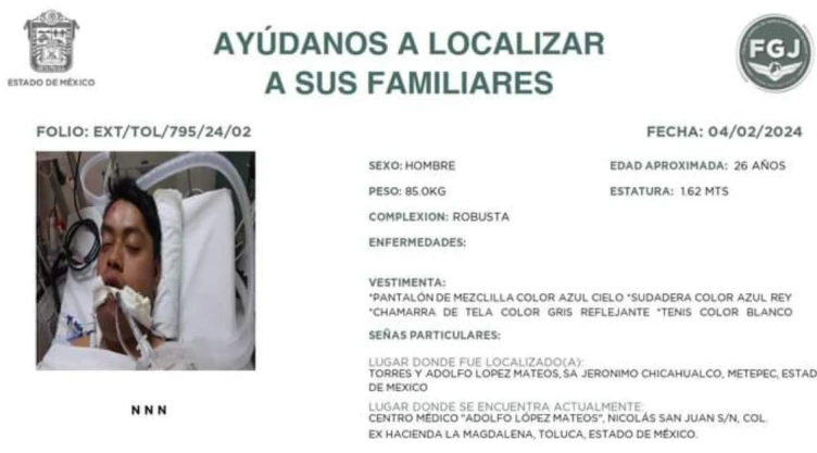 Autoridades buscan a familia de joven hospitalizado en el Estado de México