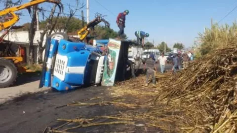 Camión con caña volcó tras esquivar a ciclista en la carretera Izúcar de Matamoros–Atencingo