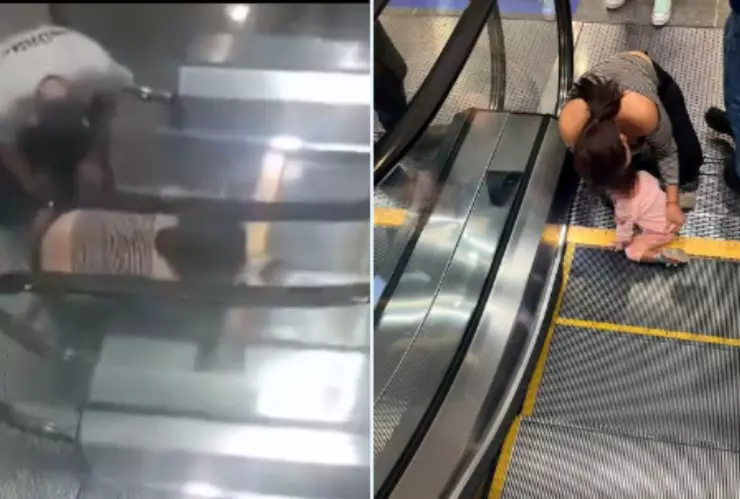 Niña atorada en escaleras eléctricas