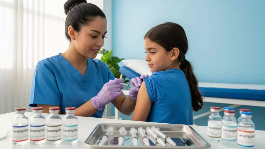 Una enfermera aplicándole una vacuna contra el sarampión a una niña; hay jeringas en una charola y varias dosis contra el sarampión