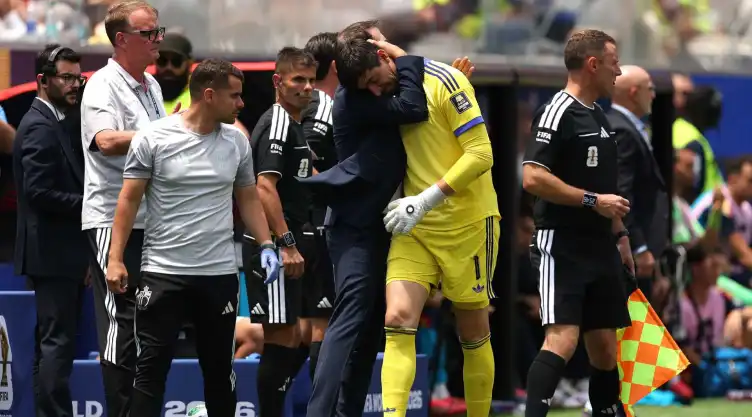 Courtois llorando en el España vs Bélgica Mundial 2026