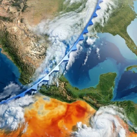 Mapa de México que marca un frente frío mientras el Pacífico se calienta por El Niño