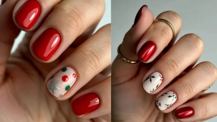 7 diseños solo con color rojo que puedes usar en uñas cortas.