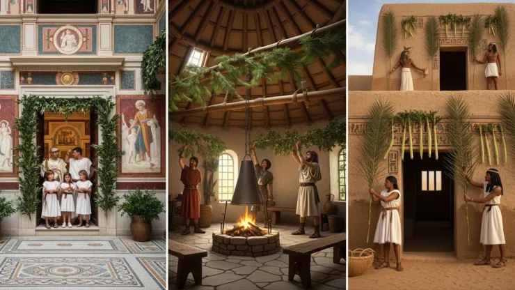 Romanos, celtas y egipcios decorando sus hogares con ramas verdes como símbolo de vida y protección frente al invierno.