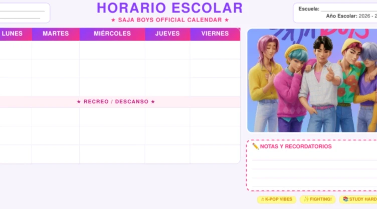 Calendario escolar de los Saja Boys en PDF para imprimir | De lunes a viernes y GRATIS