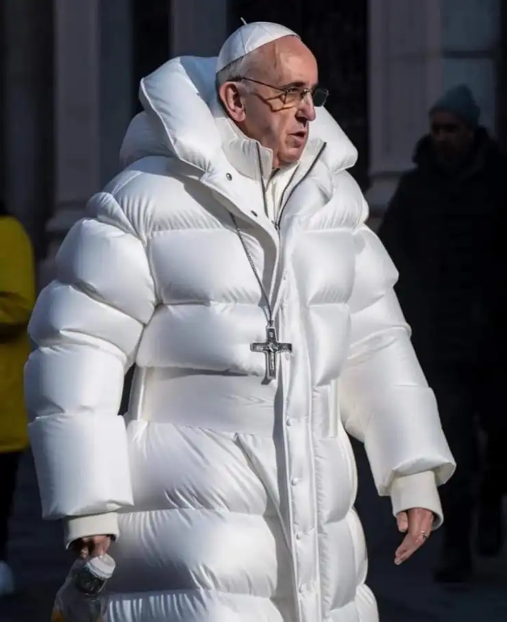 Usuarios de la Inteligencia Artificial Midjourney compartieron la imagen creada condicha IA donde representan al Papa Francisco con una chamarra de color blanco.