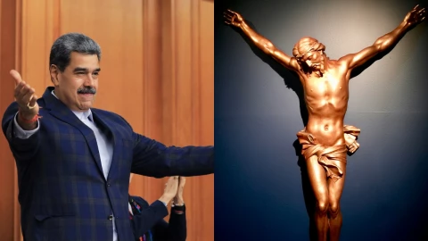 Fotos de Nicolás Maduro y de figura de Jesucristo en la cruz.