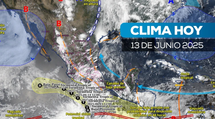 Imagen satelital del pronóstico del clima en México para el 13 de junio de 2025.