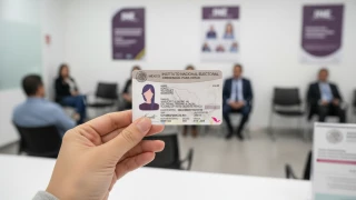 La mano de una mujer que sostiene una credencial del INE para su renovación