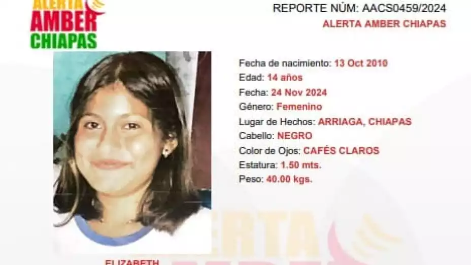ALERTA AMBER CHIAPAS: Elizabeth Ulloa López fue vista por última vez en Arriaga, Chiapas