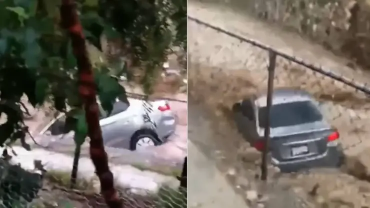 Auto es arrastrado por río desbordado en Hidalgo