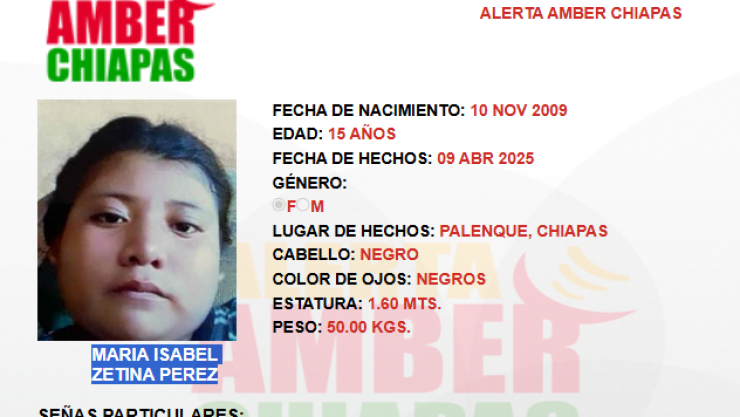 ALERTA AMBER CHIAPAS: Maria Isabel Zetina Pérez desapareció en Palenque