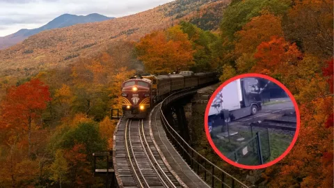 imagen de tren en vías en medio de una montaña y de tráiler con peras.