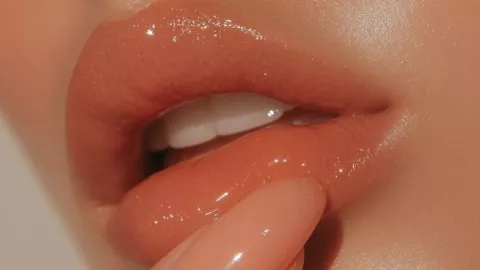 El peachy makeup se completa con labios jugosos en tono melocotón