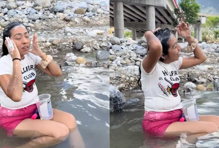 Joven se hace viral al bañarse en el río Santa Catarina por no tener agua