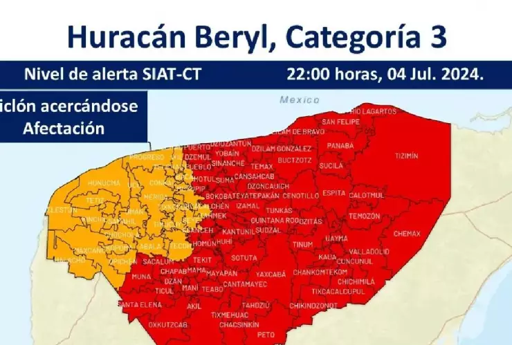 ACTUALIZACIÓN_ Emiten Alerta Roja para estos 77 municipios por cercanía del Huracán Beryl en Yucatán