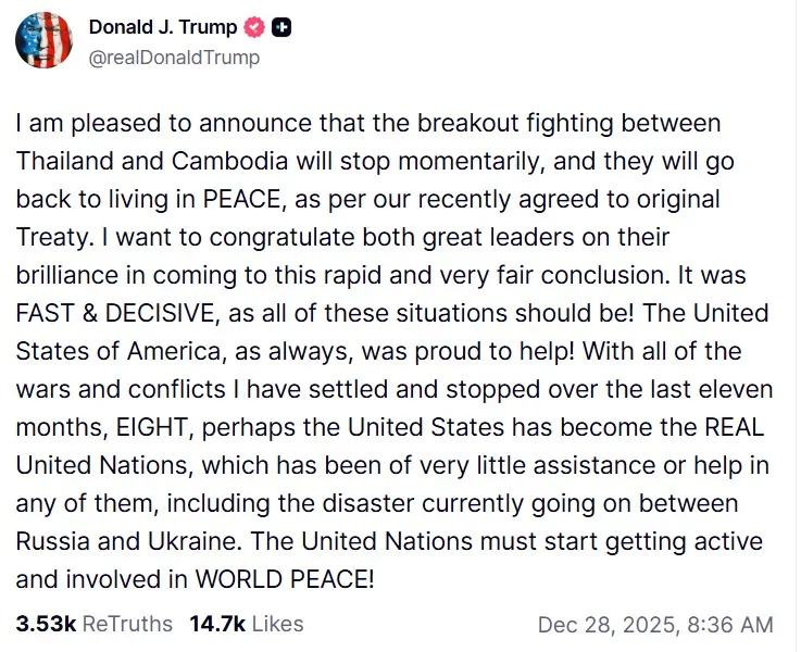 trump se pronuncia tras paz en Tailandia y Camboya