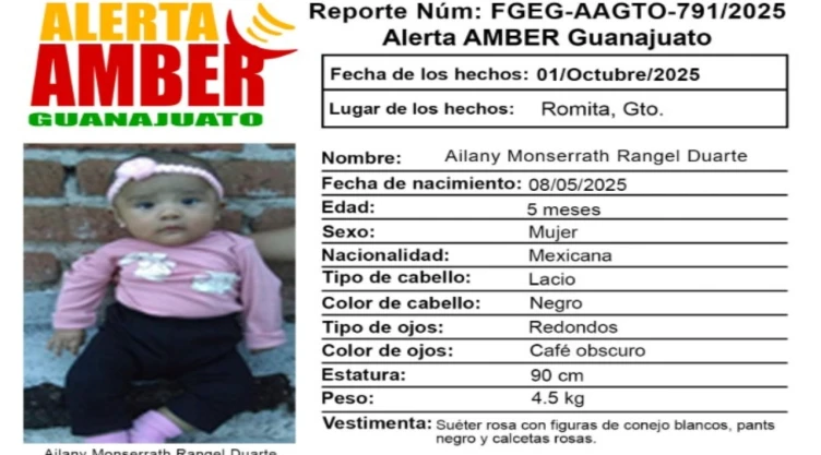 Alerta Amber Urgente desaparición bebé de 5 meses Romita Guanajuato