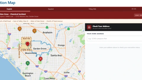 Mapa de evacuaciones masivas en el condado de Orange en el estado de California ante fuga de químico