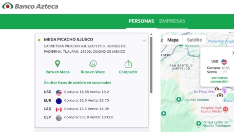 El precio del dólar Banco Azteca se ubica en $16.55 a la compra y se vende en $19.20 pesos en ventanilla