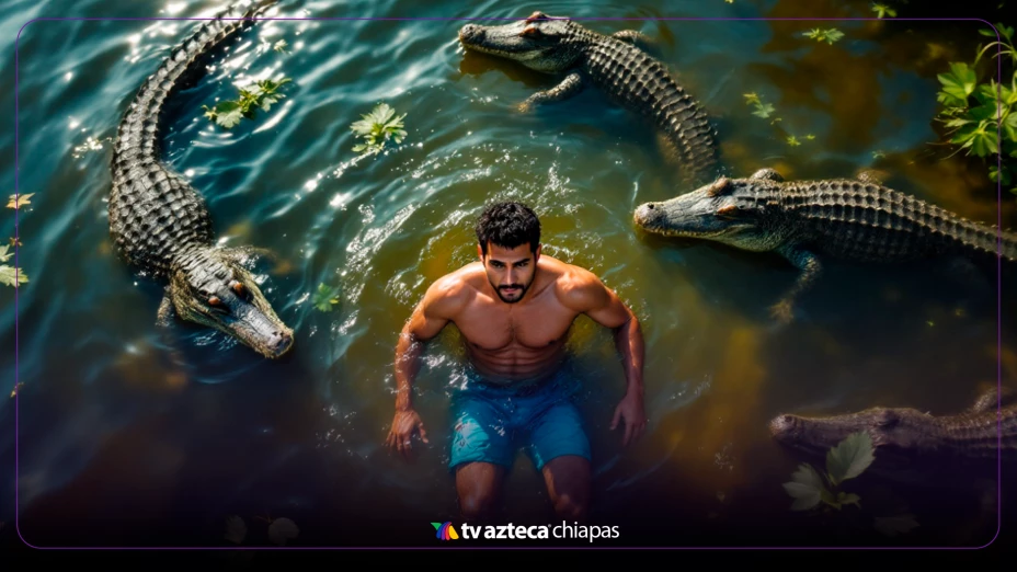 Hombre nada con Cocodrilos en Laguna las Ilusiones en Tabasco