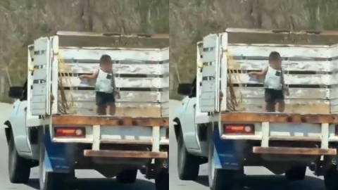 Niño de 3 años viajando en caja de camioneta en Oaxaca