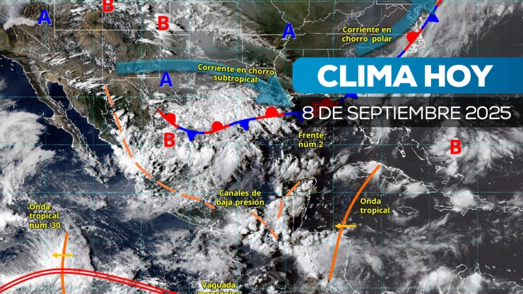 Mapa satelital de cómo estará el clima en México este 8 de septiembre de 2025