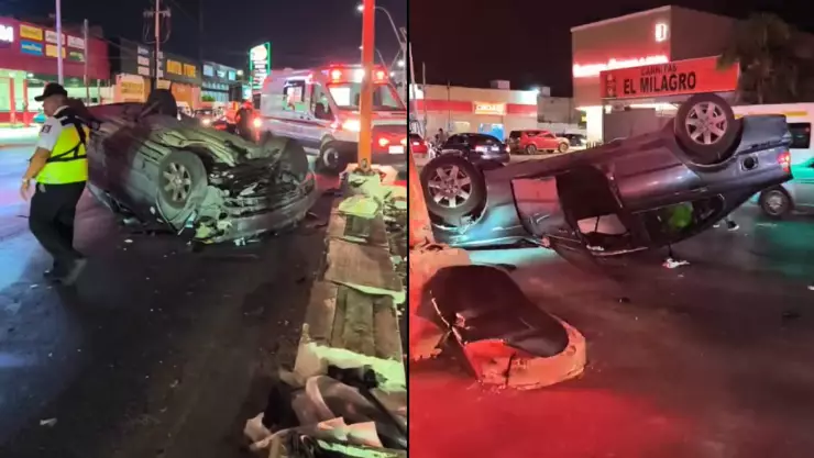 Aparatoso accidente nocturno la López Portillo: Auto termina volcado en Cancún