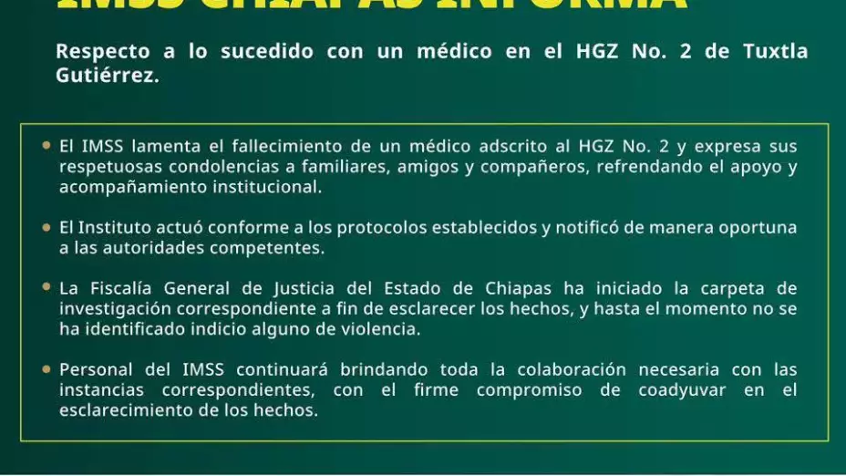 Comunicado IMSS médico muerto en Chiapas