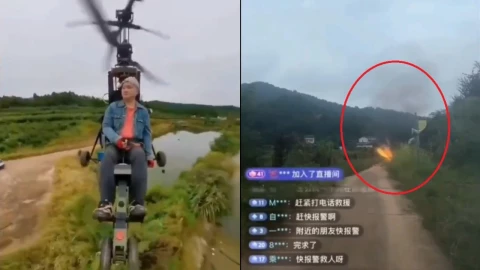 Influencer Tang Feiji en un helicóptero ultraligero en China