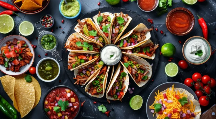Variedad de tacos y platillos mexicanos en una mesa.