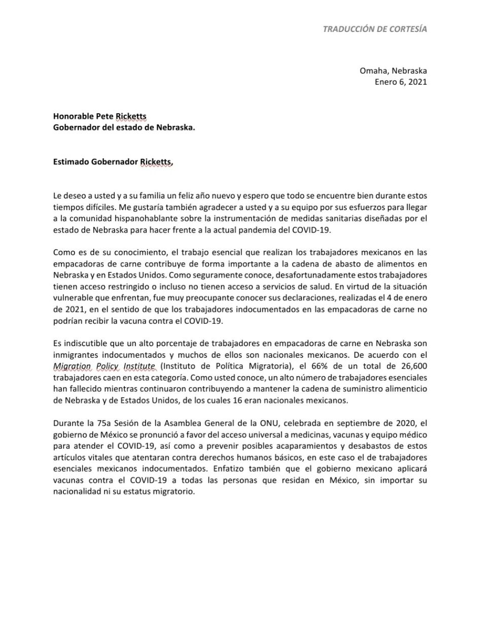 Carta a Gobernador de Nebraska