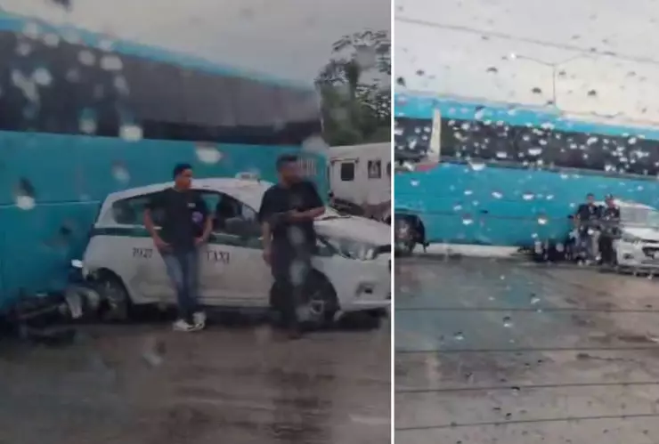 ¡Alerta vial! Accidente sobre la avenida López Portillo en Cancún provoca tráfico lento: Choque entre autobús y taxista