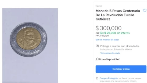 moneda de 5 pesos se vende en 300 mil mercado libre