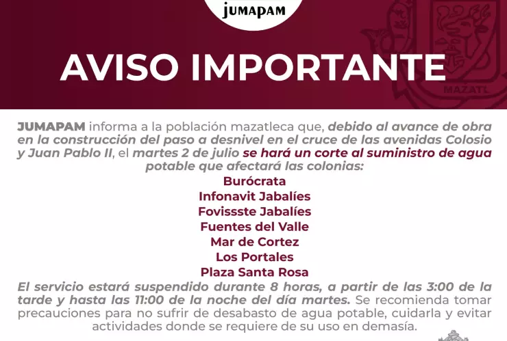 No habrá agua en Mazatlán