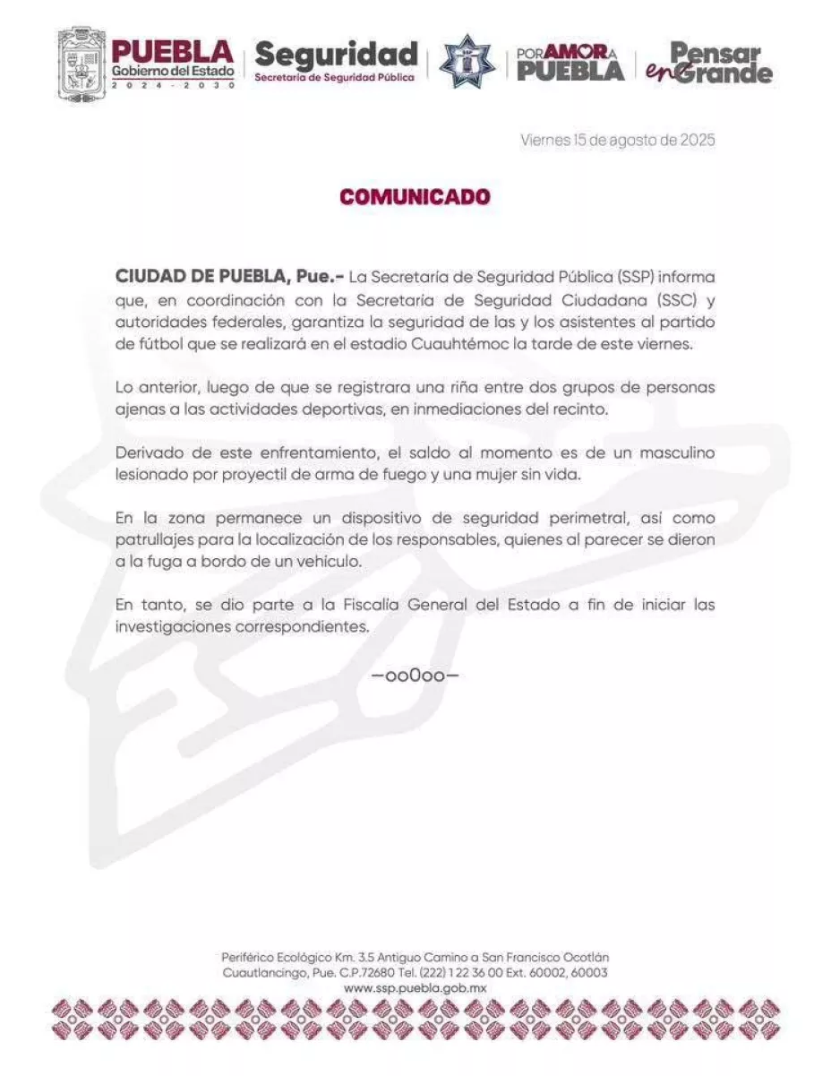 comunicado Secretaria de Seguridad Pública Estadio Cuauhtémoc