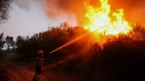 Un bombero utiliza una manguera mientras el humo y las llamas de un incendio forestal se elevan en Vilar de Condes, en la provincia de Ourense, en Galicia, España.