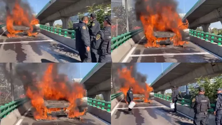 Incendio de un auto en Periférico Sur CDMX