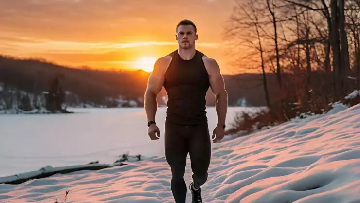 Hombre caminando en la nieve con una puesta de sol por detrás