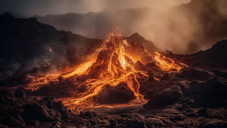 Volcán en erupción de noche